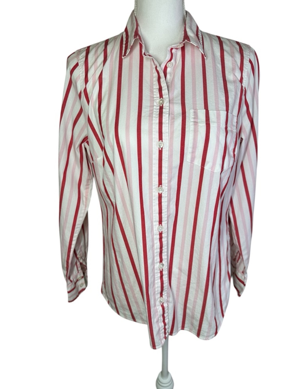 J.Crew Red Pink White Stripe Button Front Shirt Cotton Stretch Size M